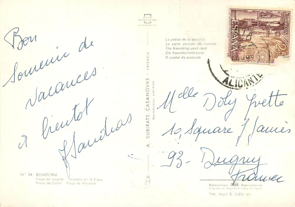 Benidorm — Recuerdo de Benidorm — Ed. A. Subirats Casanovas, N° 24 - Verso