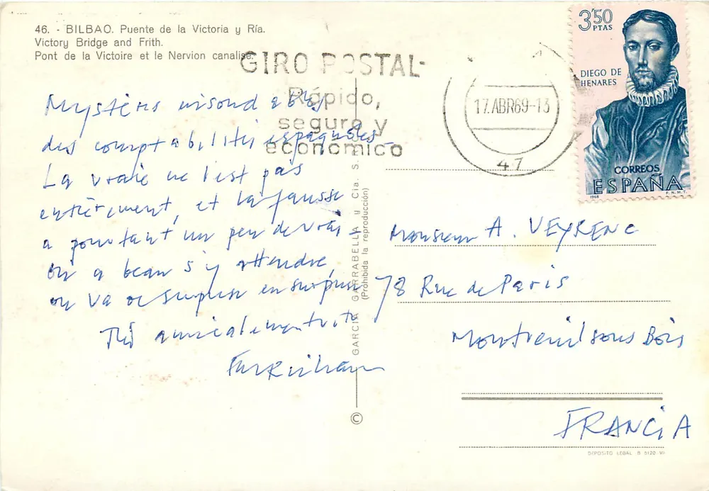 Bilbao. Brücke von Victoria und Fluss Nervión — Giro Postal, n°46 - Rückseite