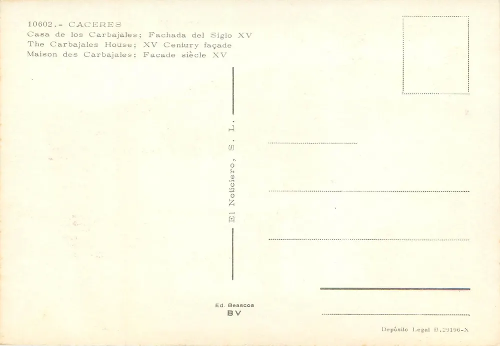 Cáceres — Huis van de Carbajales ; gevel van de 15e eeuw — Ed. Beascoa - Achterkant