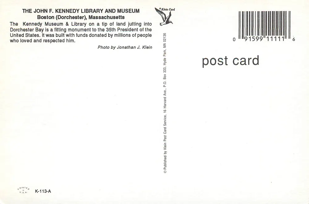John F. Kennedy Library & Museum — Boston (Dorchester), Massachusetts — Klein Card - Rückseite
