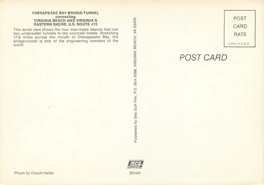 Chesapeake Bay Bridge-Tunnel — Vier künstlich geschaffene Inseln — Verlag MCG, VA 931441 - Rückseite