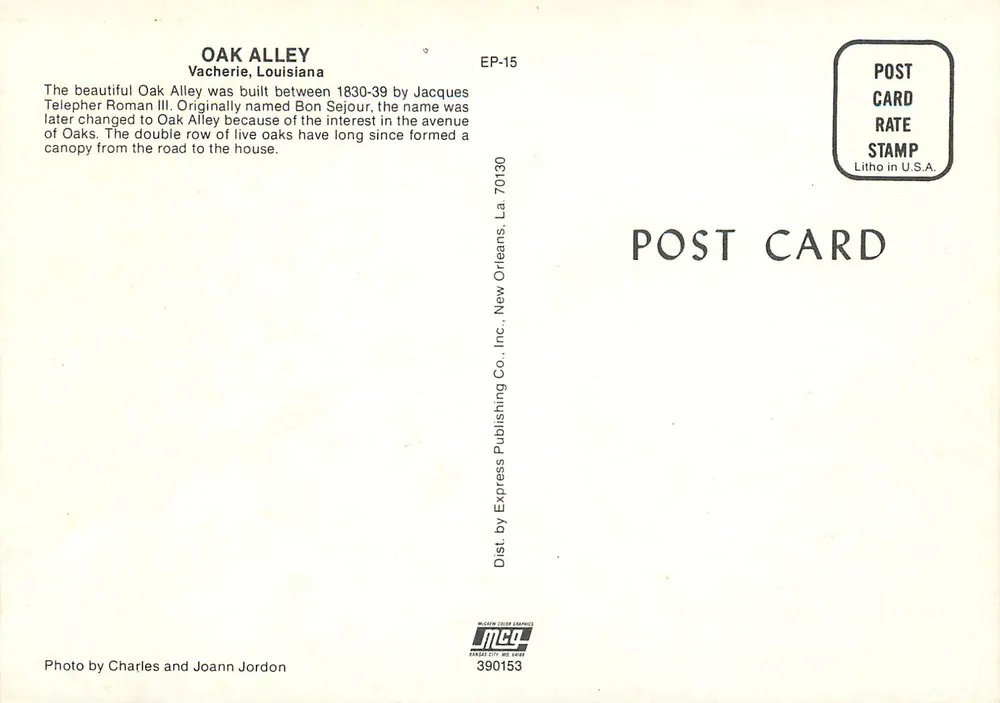 Oak Alley — Vacherie, Louisiana — Express Publishing Co. Inc. EP-15 - Rückseite