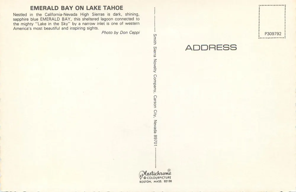 Emerald Bay, Lake Tahoe — vista aérea — Smith Sierra Novelty Company, Carson City, Nevada - Verso