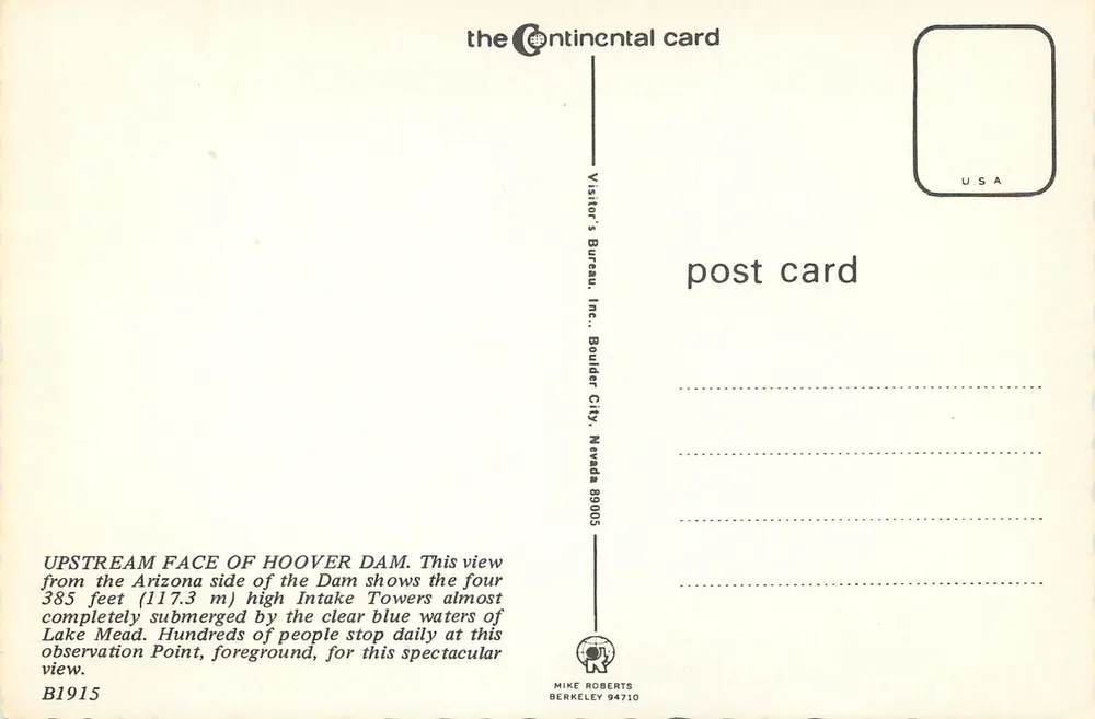 Stromabwärtsseite des Hoover-Staudamms — Aussicht von der Arizona-Seite — Continental card - Rückseite