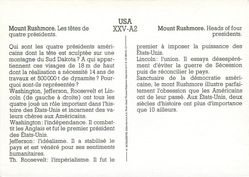 Mount Rushmore — Die Köpfe von vier Präsidenten — Édito-Service S.A. n° XXV-A2 - Rückseite