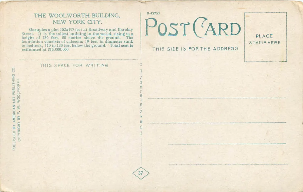 Woolworth Building, Nova Iorque — editor American Art Publishing Co., número de série R-43753 - Verso