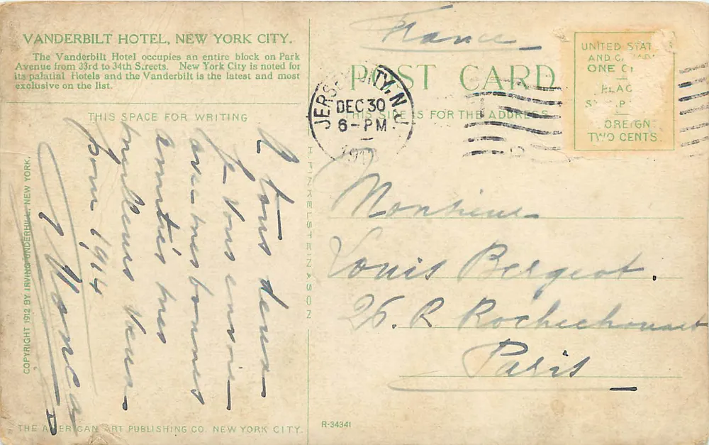 Vanderbilt Hotel, New York City — vue de l'édifice avec drapeau, éditeur THE AMERICAN ART PUBLISHING CO. NEW YORK CITY, n° R-34341 - Verso
