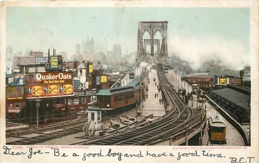 Brooklyn Terminal, Brooklyn Bridge — vista urbana con tranvía — Detroit Photographic Co. n°7246 - Anverso