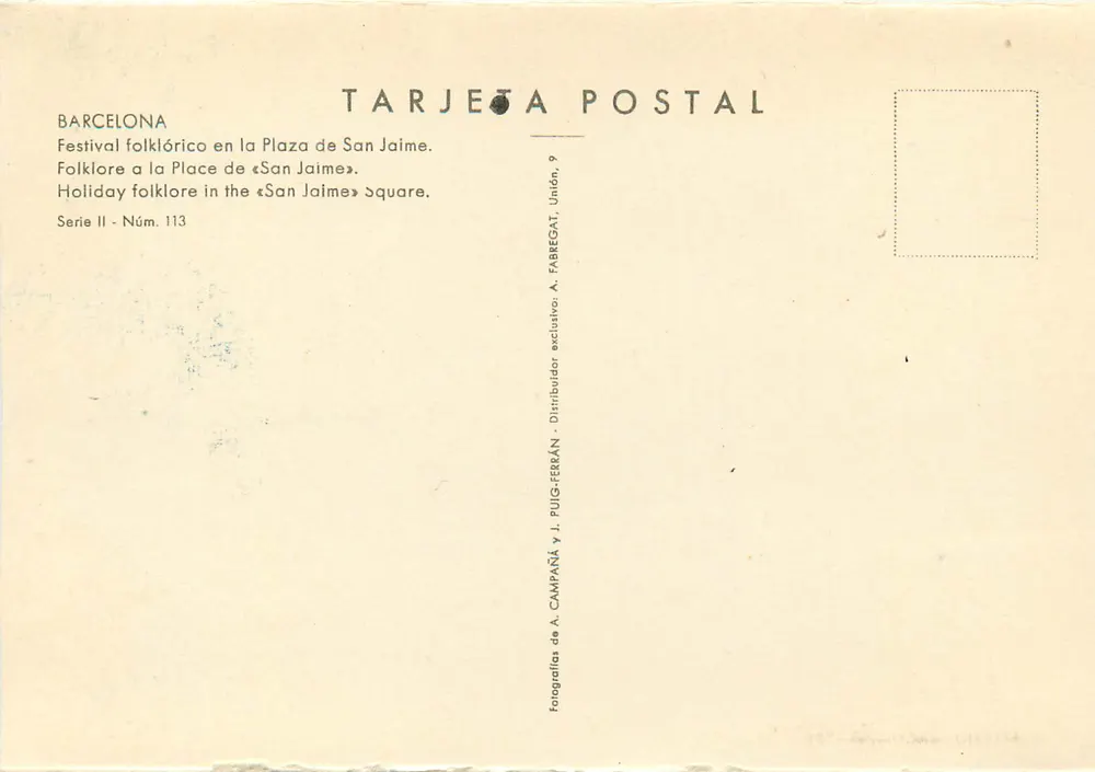 Festival folclórico na Praça de San Jaime — Barcelona — editor A. Fabregat, série II n°113 - Verso
