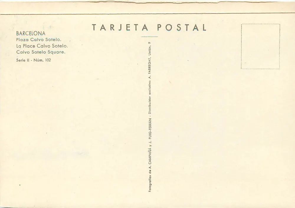 Plaza Calvo Sotelo — Barcelona — Wydawca A. Fabregat, nr 102 - Rewers