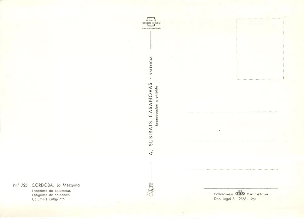 Córdoba — Die Mezquita — Verlag A. Subirats Casanovas, Nr. 725 - Rückseite