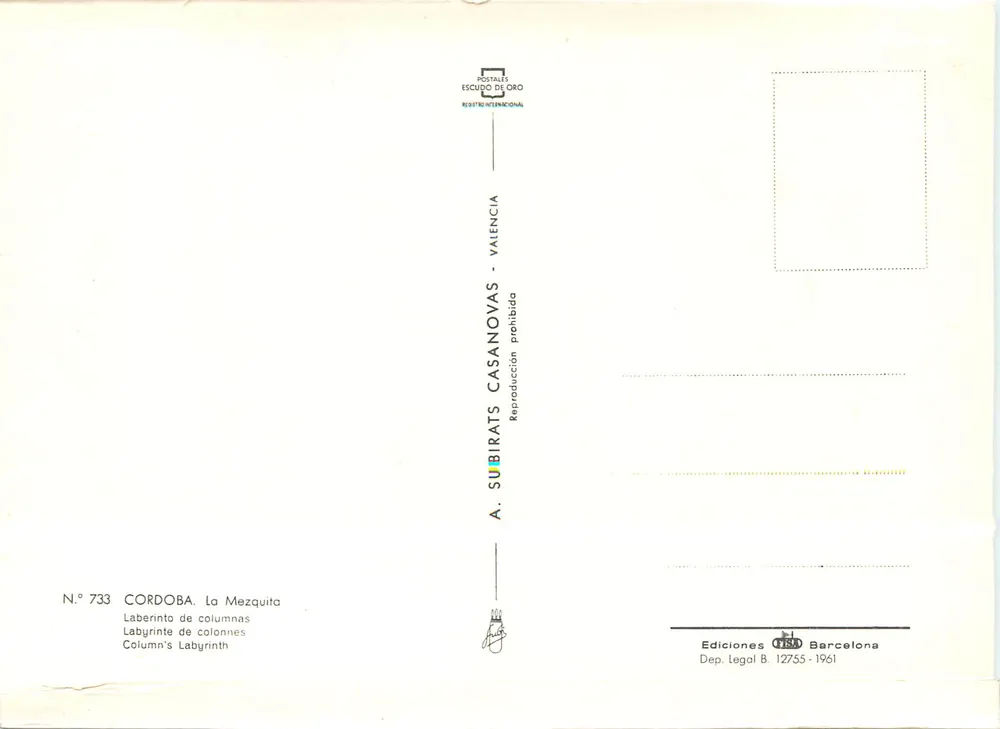 Cordoue - Die Moschee — Labyrinth aus Säulen — A. Subirats Casanovas, N° 733 - Rückseite