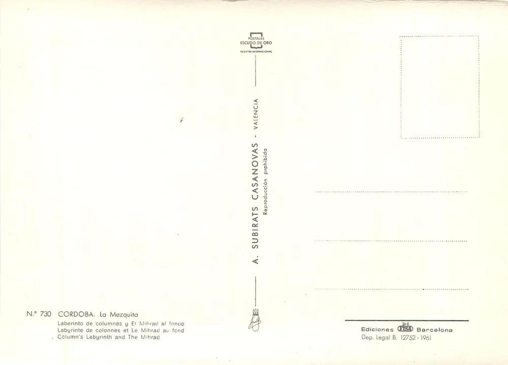 Córdoba — Das Labyrinth der Säulen und der Mihrab im Hintergrund — A. Subirats Casanovas, Nr. 730 - Rückseite