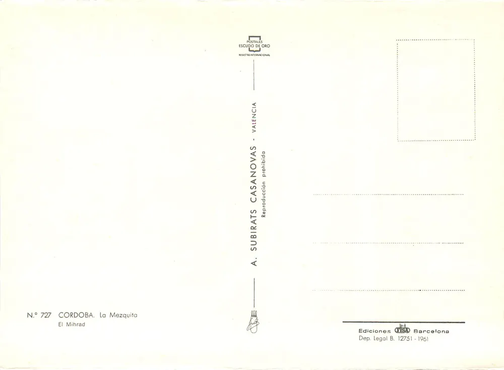 Cordoue - La Mezquita — A. Subirats Casanovas, n° 727 - Verso