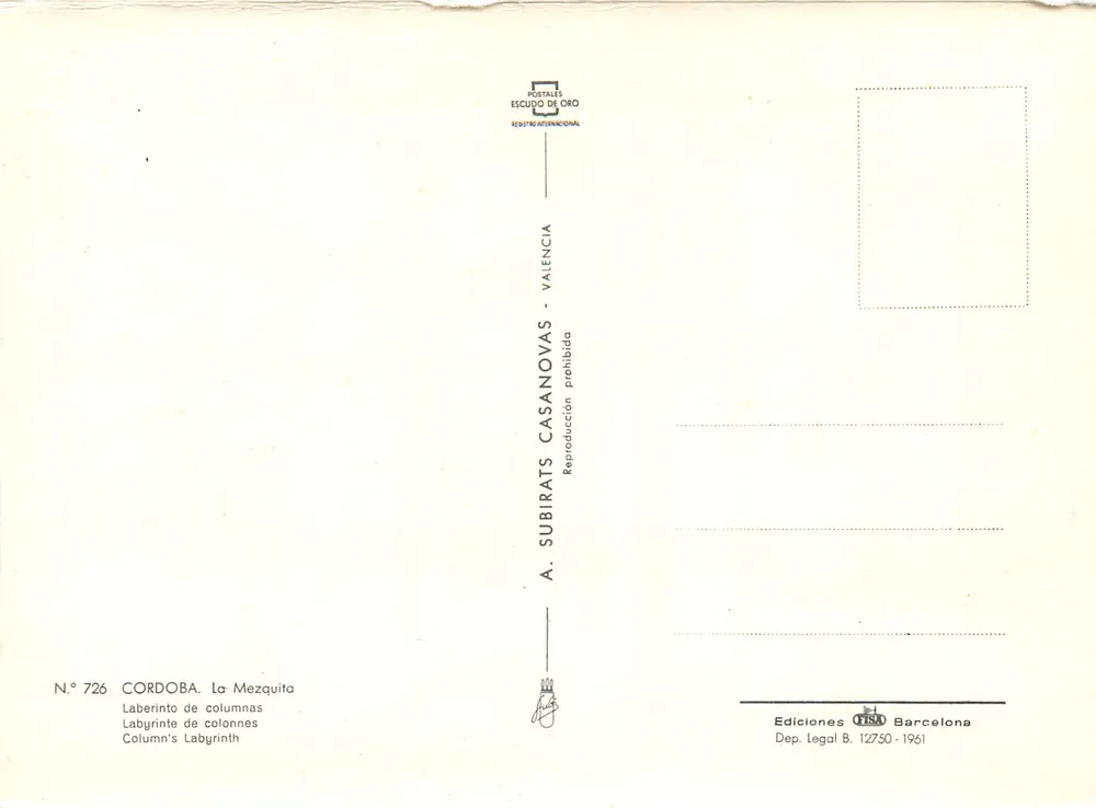 Cordoue - La Mezquita — Laberinto de columnas — A. Subirats Casanovas, N° 726 - Verso