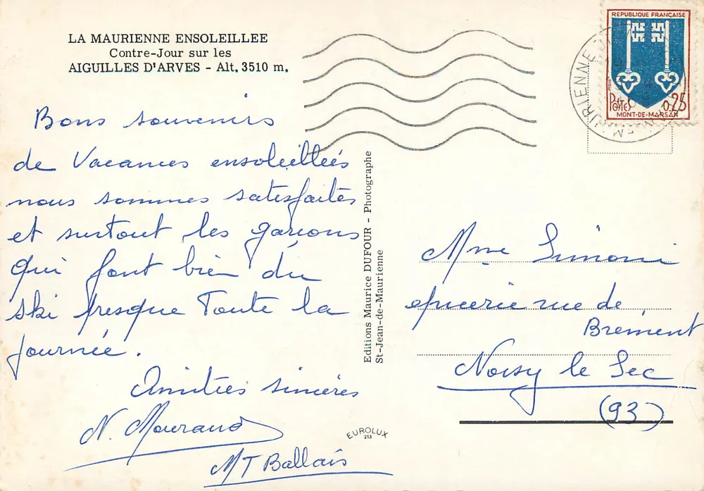 Sonnige La Maurienne — Rücklicht auf den Aiguilles d'Arves - H. 3510 m. — Editions Maurice Dufour, St-Jean-de-Maurienne - Rückseite