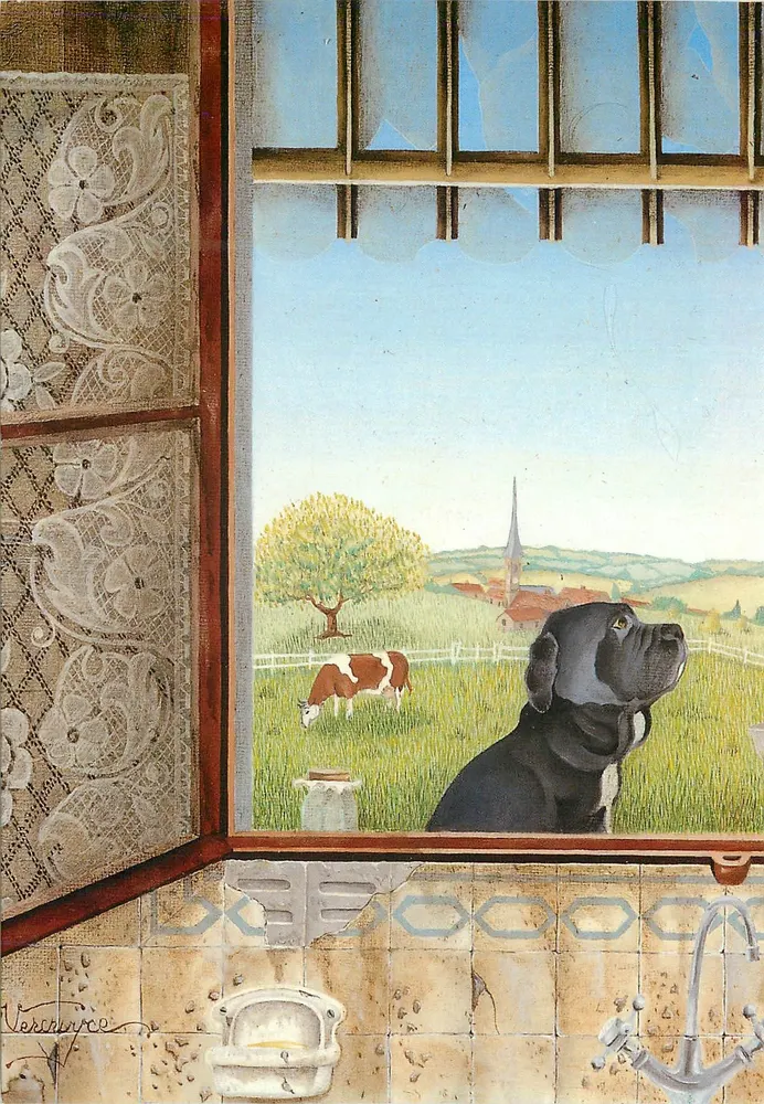 Cachorro preto olhando pela janela — cena rural com vaca e igreja — Bernard VERCROYCE, n° 3933 - Frente