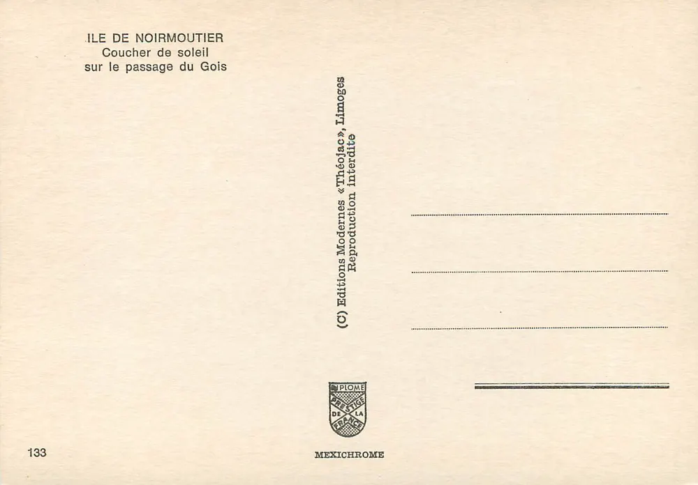 Ile de Noirmoutier — Coucher de soleil sur le passage du Gois — Éditions Modernes « Théolac » - Verso