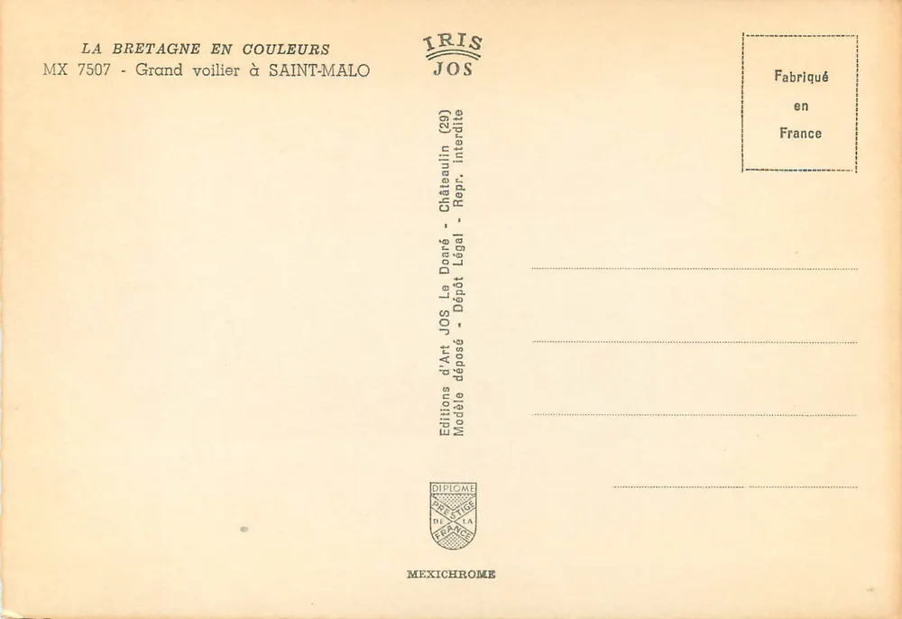 Großes Segelschiff in Saint-Malo — Éditions Iris JOS, Nr. MX 7507 - Rückseite