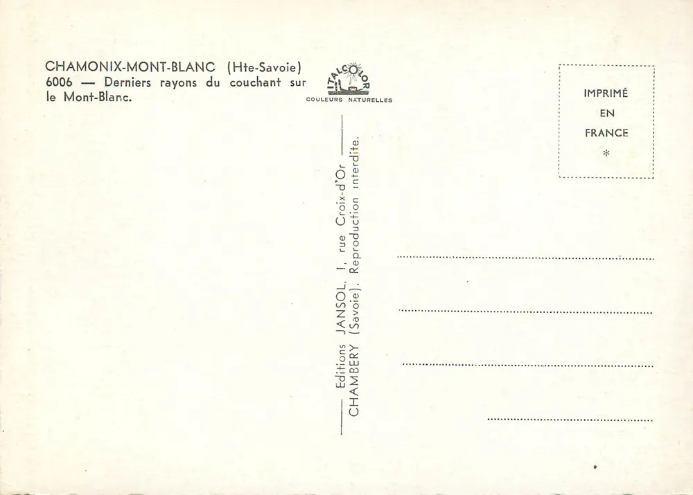 Chamonix-Mont-Blanc — Letztes Sonnenlicht auf dem Mont-Blanc — Éditions Jansol, Chambéry - Rückseite
