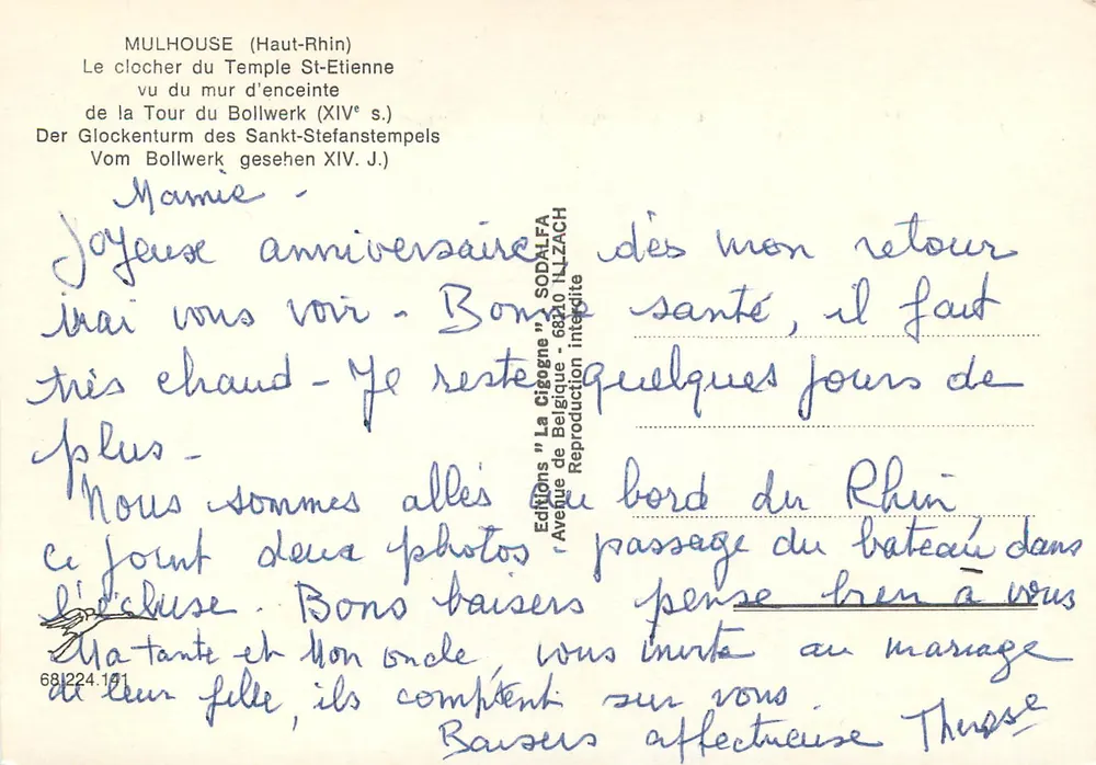 Mulhouse (Haut-Rhin) — Der Turm des Tempels Saint-Étienne von der Mauer des Bollwerks aus — Éditions 'La Cigogne' SODALFA - Rückseite