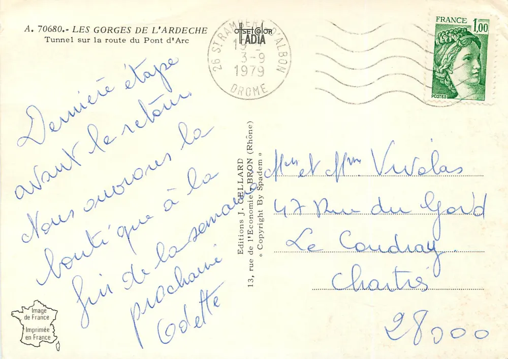 Gorges de l'Ardeche — Tunnel sur la route du Pont d'Arc — Éditions J. GELLARD - Rückseite