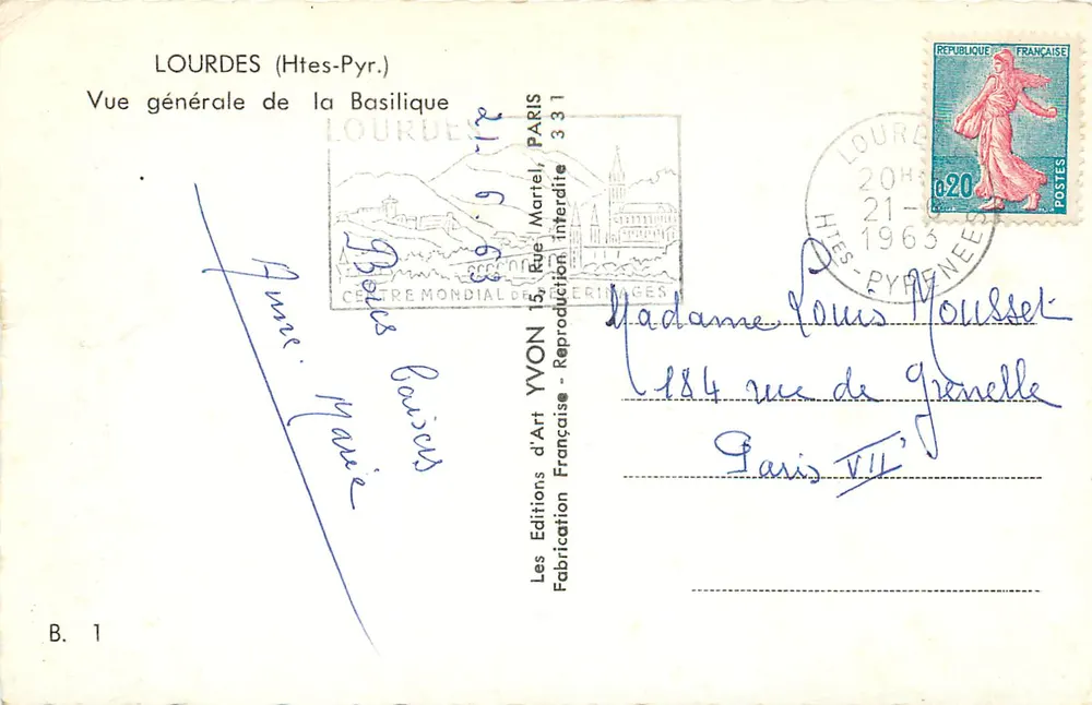 Lourdes (Altos-Pirineus) — Vista geral da Basílica — Edições d'Art Yvon, Paris - Verso