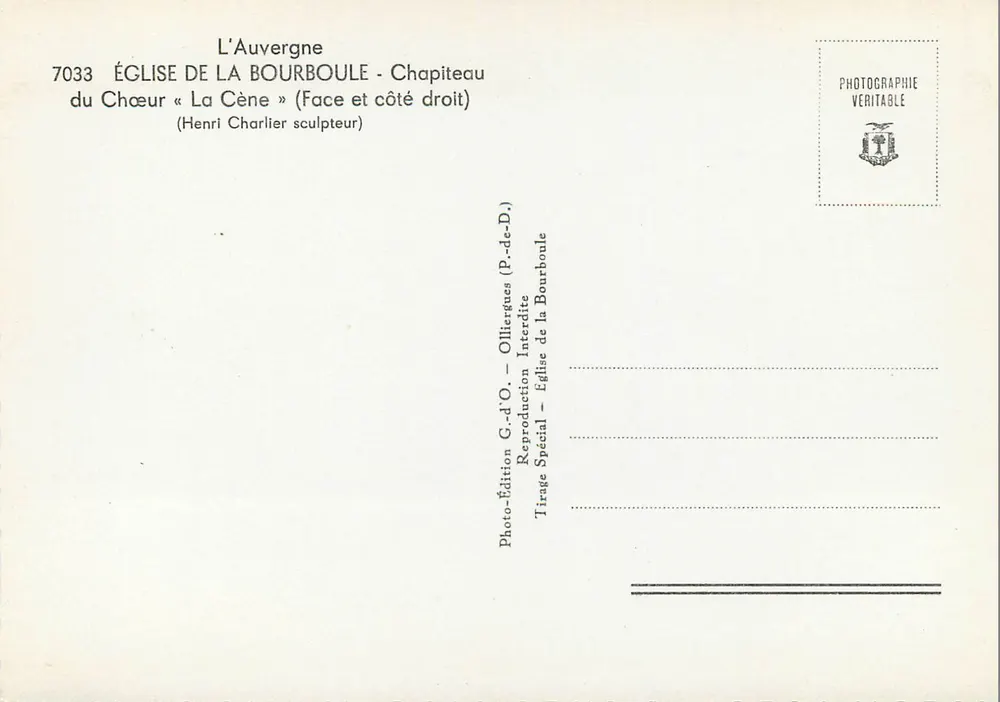 Kirche von La Bourboule — Kapitell des Chors « Das letzte Abendmahl » — Henri Charlier, Bildhauer - Rückseite
