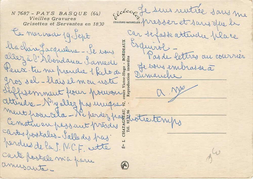Grisette et Servantes en 1830 — Éditeur N°7687, Pays Basque (64) - Verso