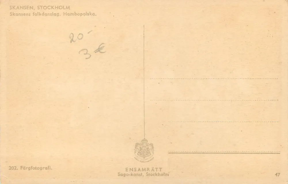 Folklore-Tanz am Skansen — Stockholm — Verlag Ensamrätt, Nr. 202 - Rückseite