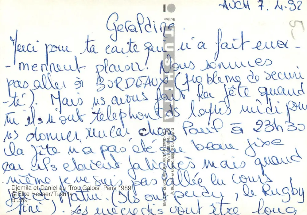 Djemila und Daniel am 'Trou Galois', Paris — 1989 — Édition Tushita B 369 - Rückseite