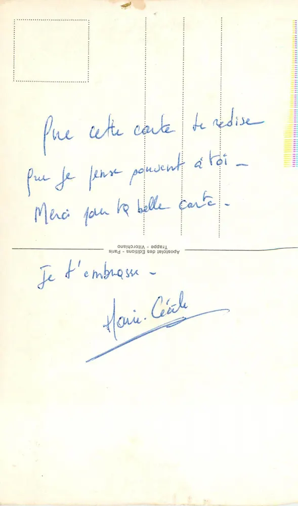 Fleur rouge — texte imprimé et message manuscrit — Apostolat des Editions Viorchiano, Paris - Verso
