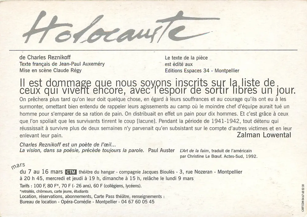 Holocaust — Werk von Charles Reznikoff — Theater des Trois Vents, Montpellier - Rückseite