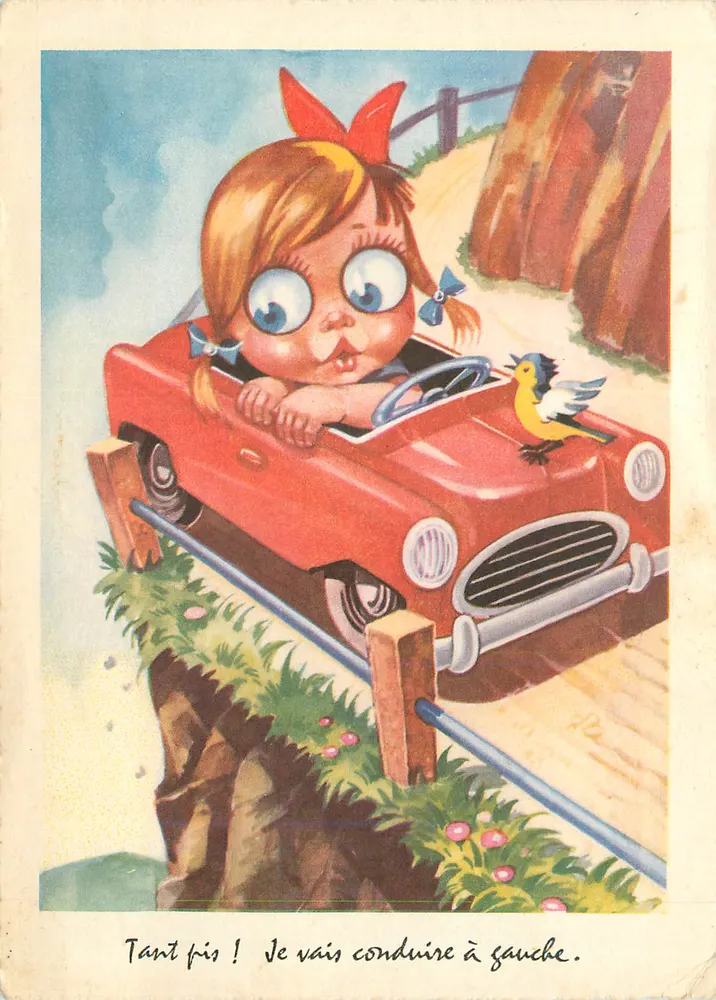 Fille dans une voiture rouge — illustration humoristique — texte imprimé et manuscrit - Vorderseite