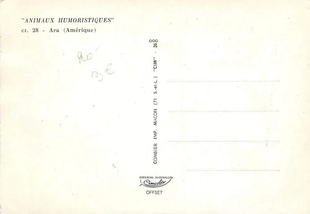 Ara — Humorvolle Tiere — Combier (71) Imp. Macon - Rückseite