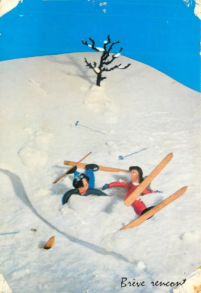 Deux skieurs enneigés — scène de rencontre — Éditions J.-J. Wesnard, Fousset - Frente
