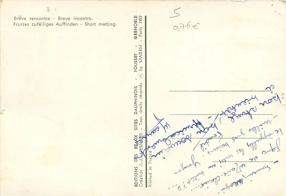 Deux skieurs enneigés — scène de rencontre — Éditions J.-J. Wesnard, Fousset - Verso