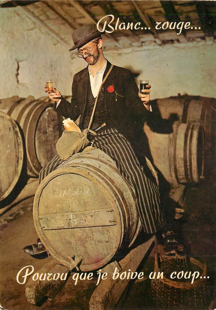 Homem em cave a vinho — texto humorístico — Artaud Frères, OR-54 - Frente