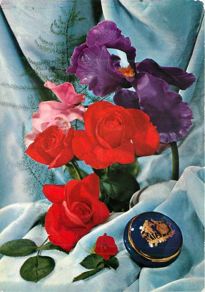 Flores — íris violeta, rosas vermelhas e rosas pálidas — Edições G. PICARD, n°292 - Frente