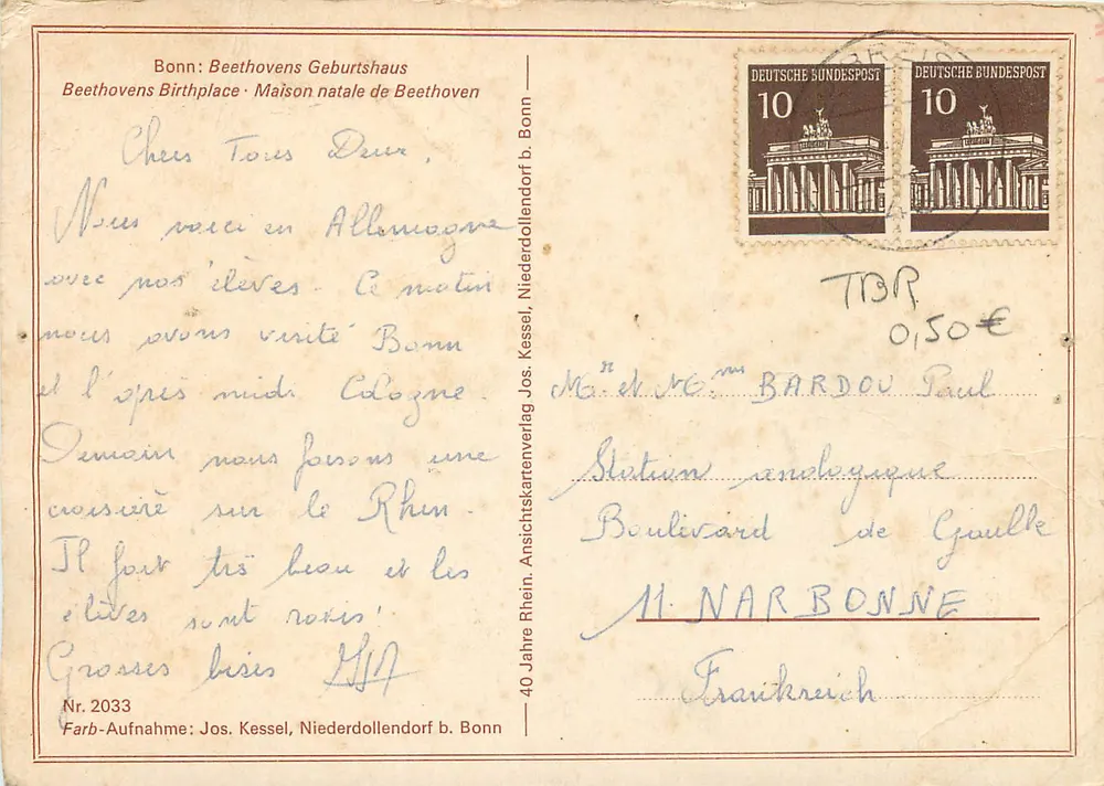 Bonn: Geburtshaus Beethovens — Geburtsort Beethovens — Jos. Kessel, Niederdollendorf bei Bonn, Nr. 2033 - Rückseite