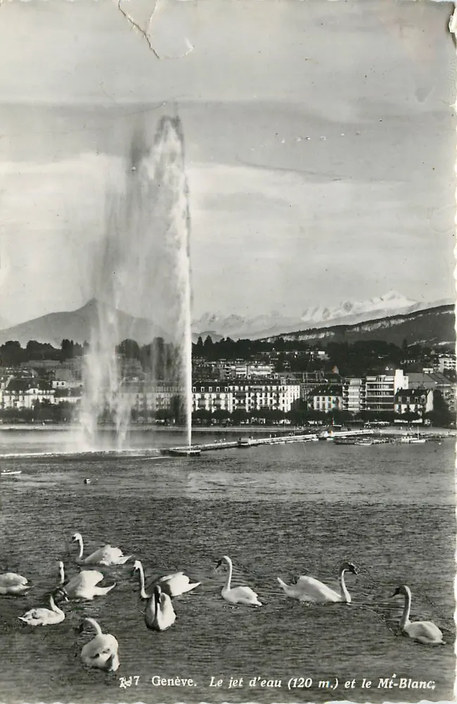 Genève — Le jet d'eau (120 m.) et le Mt-Blanc; éditeur Edition C. Sartori - Recto