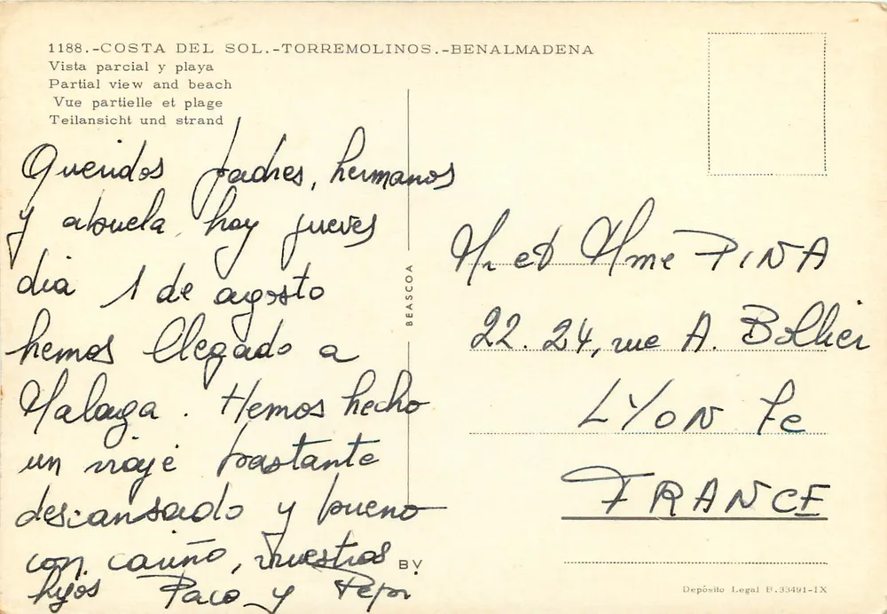 Costa del Sol - Torremolinos - Benalmadena — Teilansicht der Strand — Verlag BEASCOA, Nr. 1188 - Rückseite