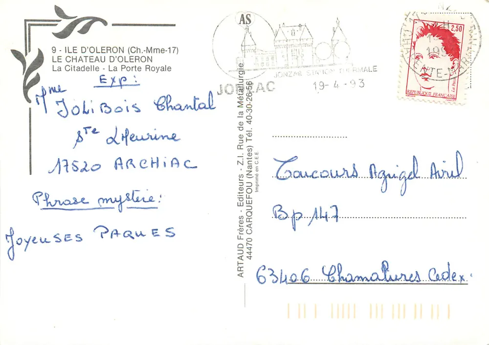 Königinstor des Schlosses Oléron — Verleger ARTAUD Frères, Seriennummer nicht sichtbar - Rückseite