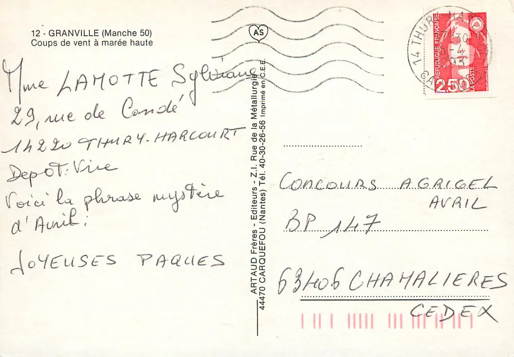 Granville (Manche 50) — Vento forte na maré alta — Artaud Frères - Editores (Nantes) - Verso