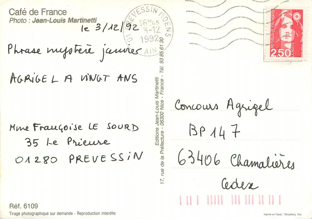 Café de France — Prévenchien — Jean-Louis Martinetti, Ref. 6109 - Rückseite