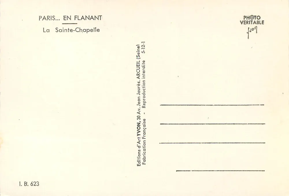 Paris... Caminhando — A Santa Capela — Edições de Arte Yvon, 30 Av. Jean Jaurès, Arcueil (Seine) - Verso