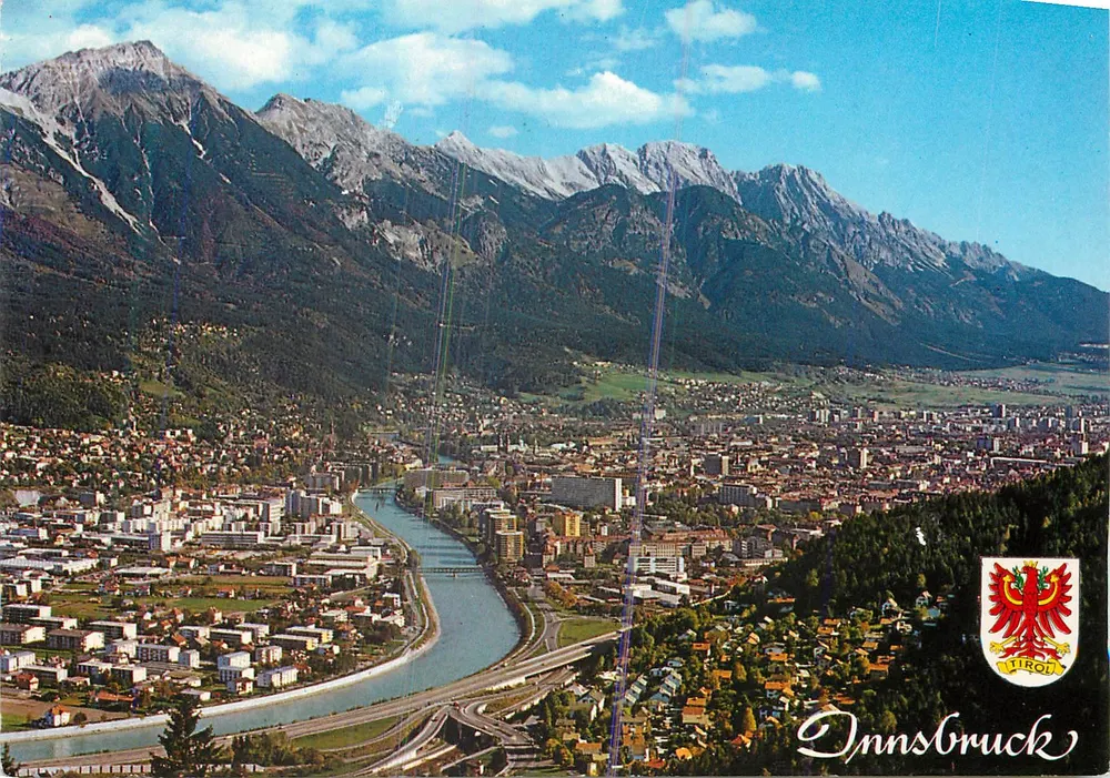 Innsbruck — vista aérea com montanhas no fundo — H. Pumer, n° 60/32 - Frente