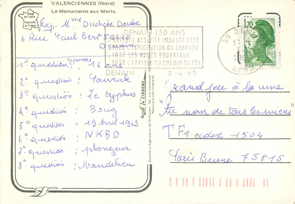 Monumentos aos Mortos — Valenciennes (Nord) — Editor Cigoone - Verso