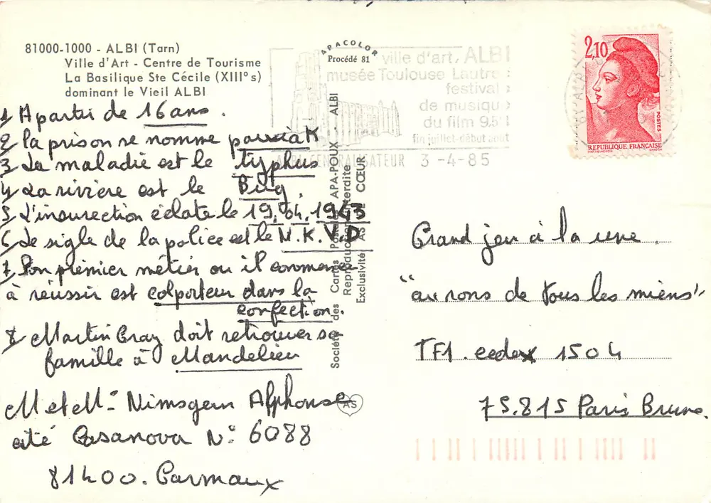 Albi — A Basílica de Santa Cecília (século XIII) dominando o Velho Albi — Sociedade das Cartas de Reprodução de Arte - Verso