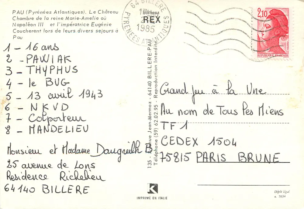 Quarto da rainha Marie-Amélie — Castelo de Pau — Éditions REX - Verso